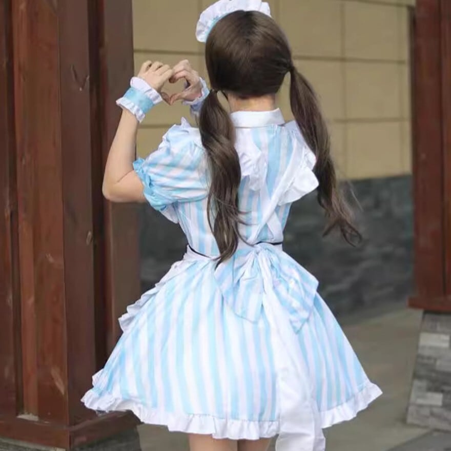 フレンチメイドワンピース アリス風 ライトブルー ストライプ ｜WithU