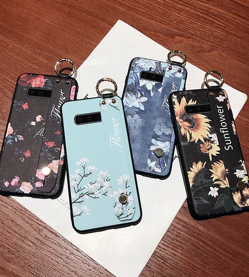 ハンドベルト＆ネックストラップ付 Galaxy S10 S10+ケース 花柄 大人 お洒落✿