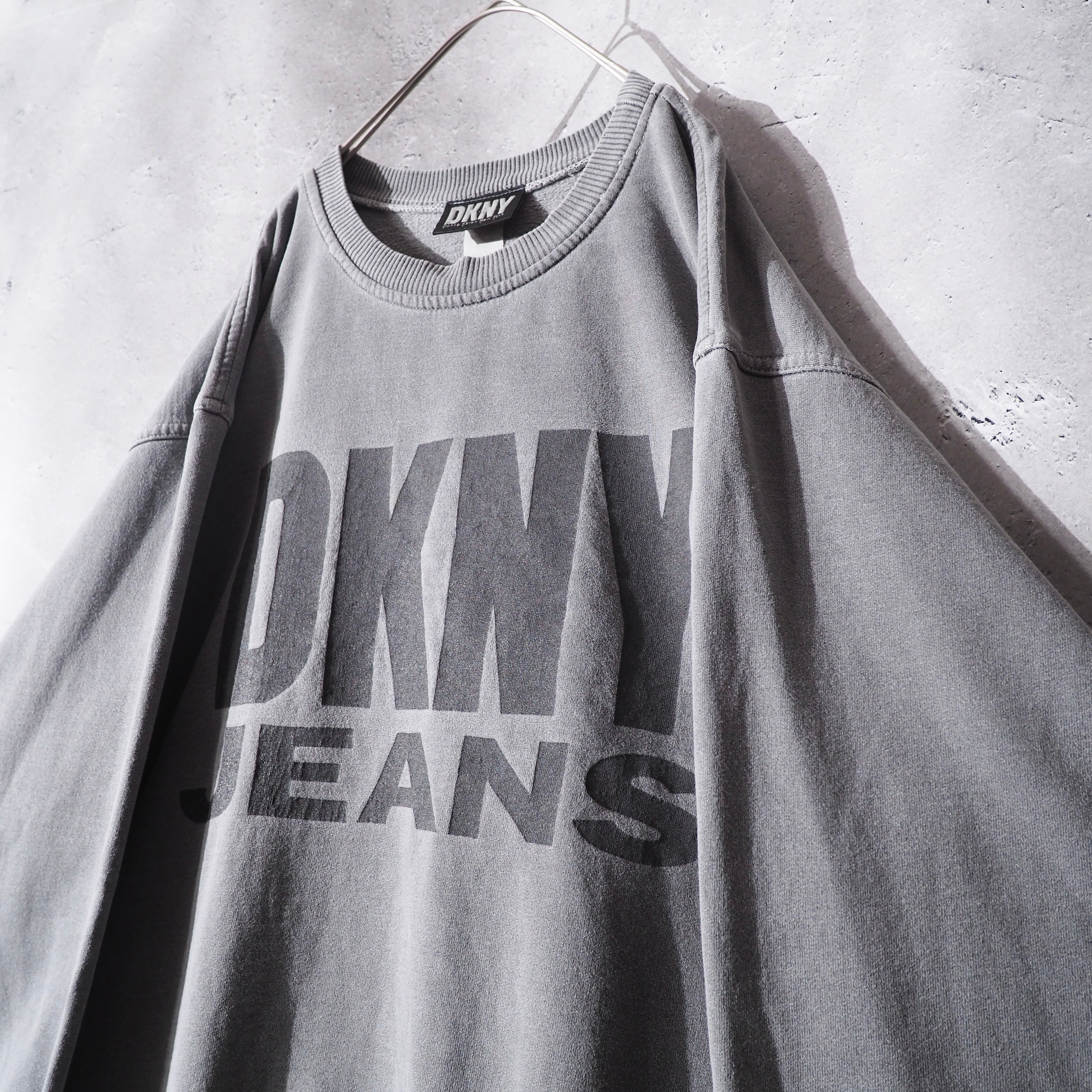 1990s " DKNY " Good Fade × Logo Printed vintage loose sweat shirt (Made in USA)