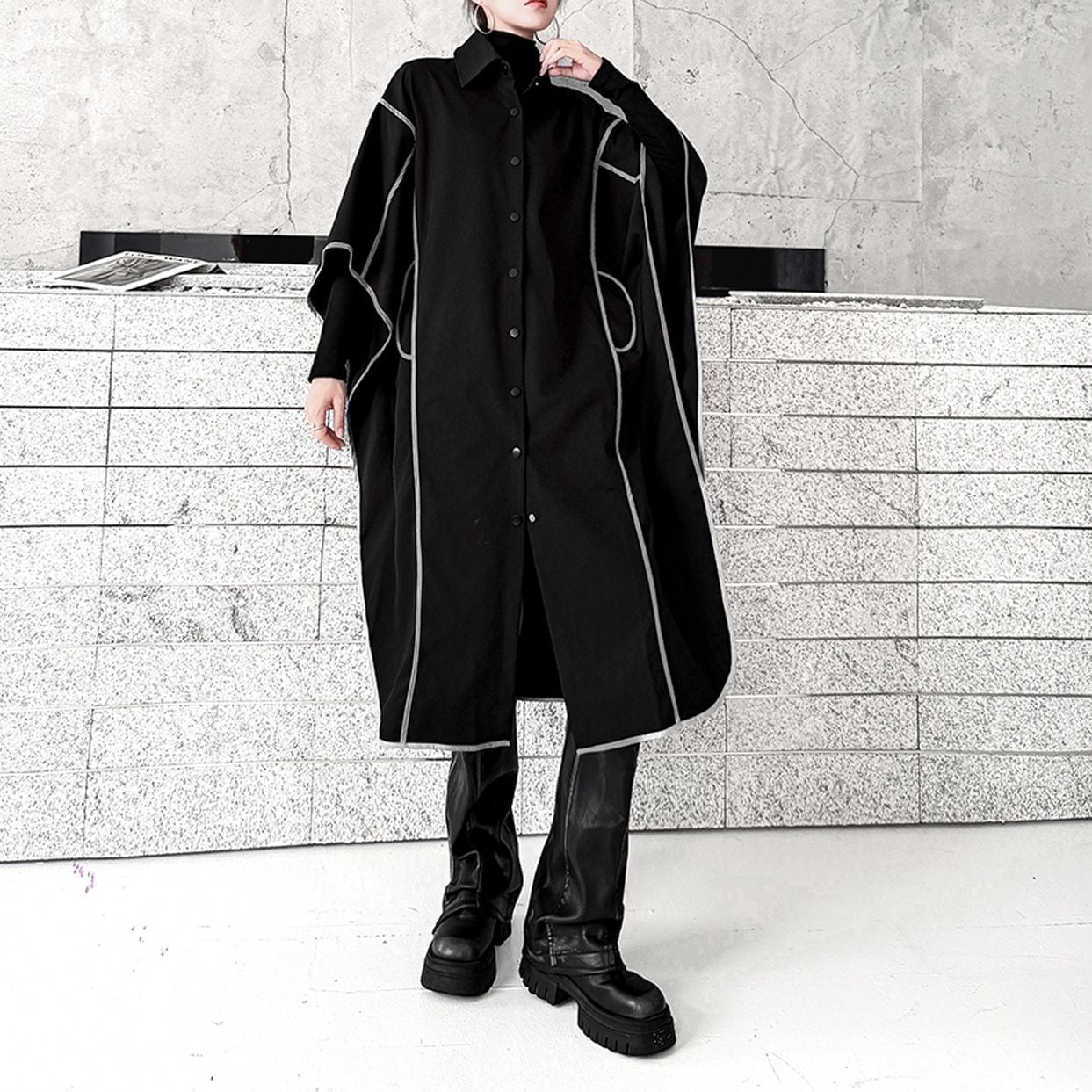 CONTRAST STITCH OVERSIZED SHIRT COLLAR COAT M-18750
