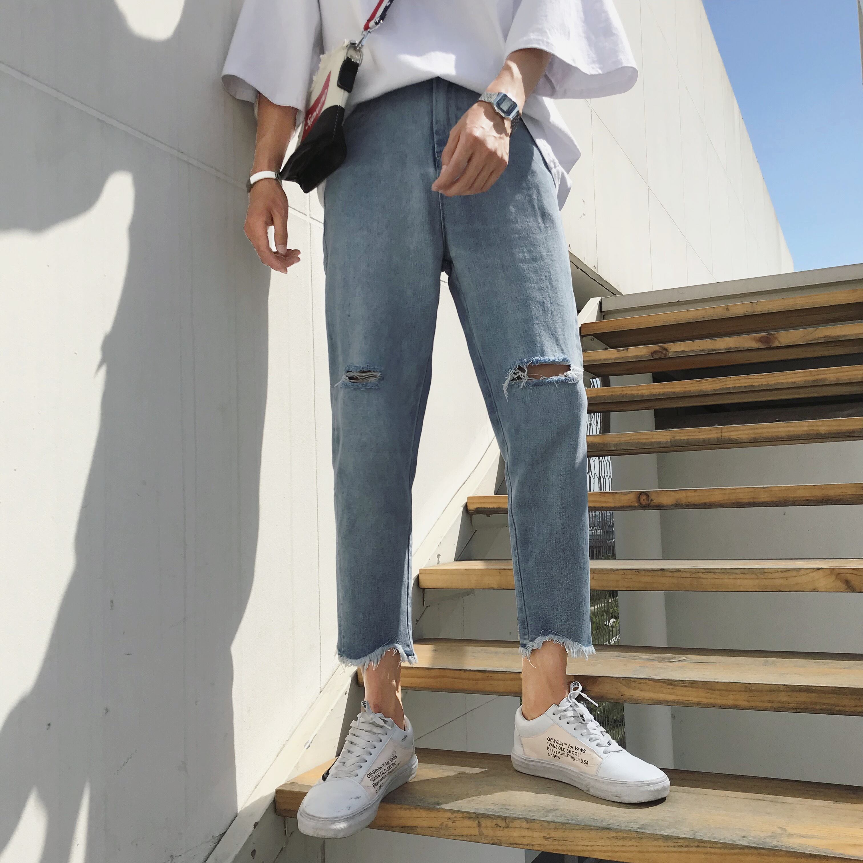 全2色 デニム パンツ ストレート カジュアル ダメージ 無地