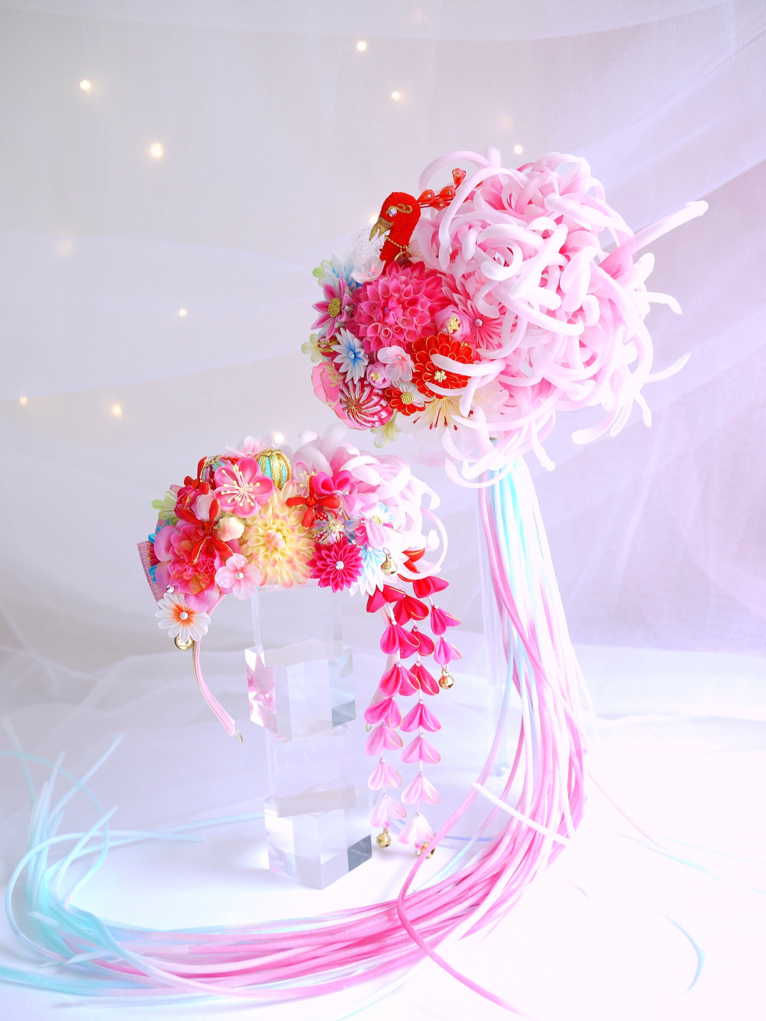 【燦燦】髪飾り&帯飾りセット ピンクver