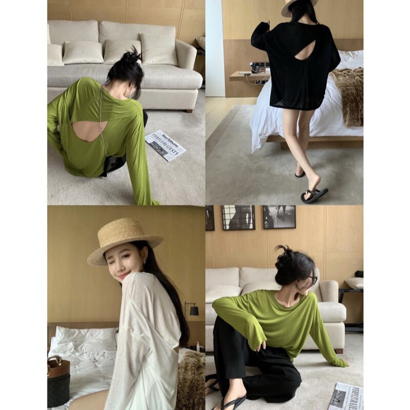 薄手バックブラウス Tシャツ レディースサマーカジュアルルーズブラックトップス ロング 夏物 ブラックストロベリース1757545160