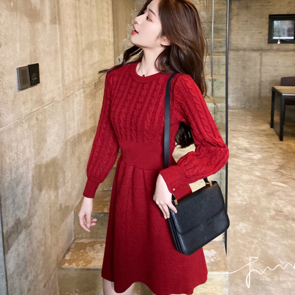 ケーブル編みニットミニワンピース ウエストマーク Aラインワンピース