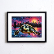 Leaving New York｜コラージュアートポスター 空を飛ぶ亀が描く幻想世界｜モダン空間を彩るユニークで神秘的なインテリア作品A4ポスター
