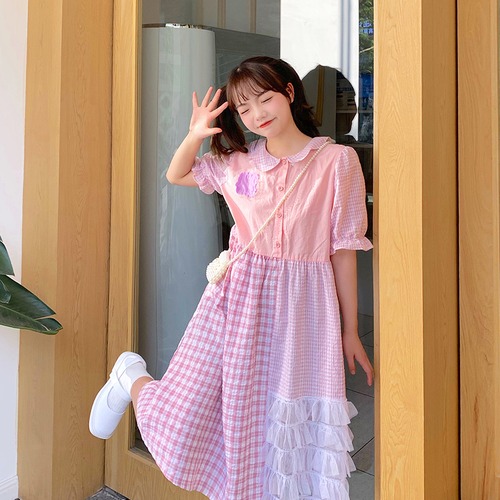 ✞甘めアシンメトリーレース半袖スリーブチェック柄メッシュワンピースドレスOP  ショート ガーリー ステッチ ✞ゴスロリ SM ミリ 甘ロリ クラロリ 和ロリ エレガント 黒ロリ 姫ロリ 華ロリ BB-BB1091317