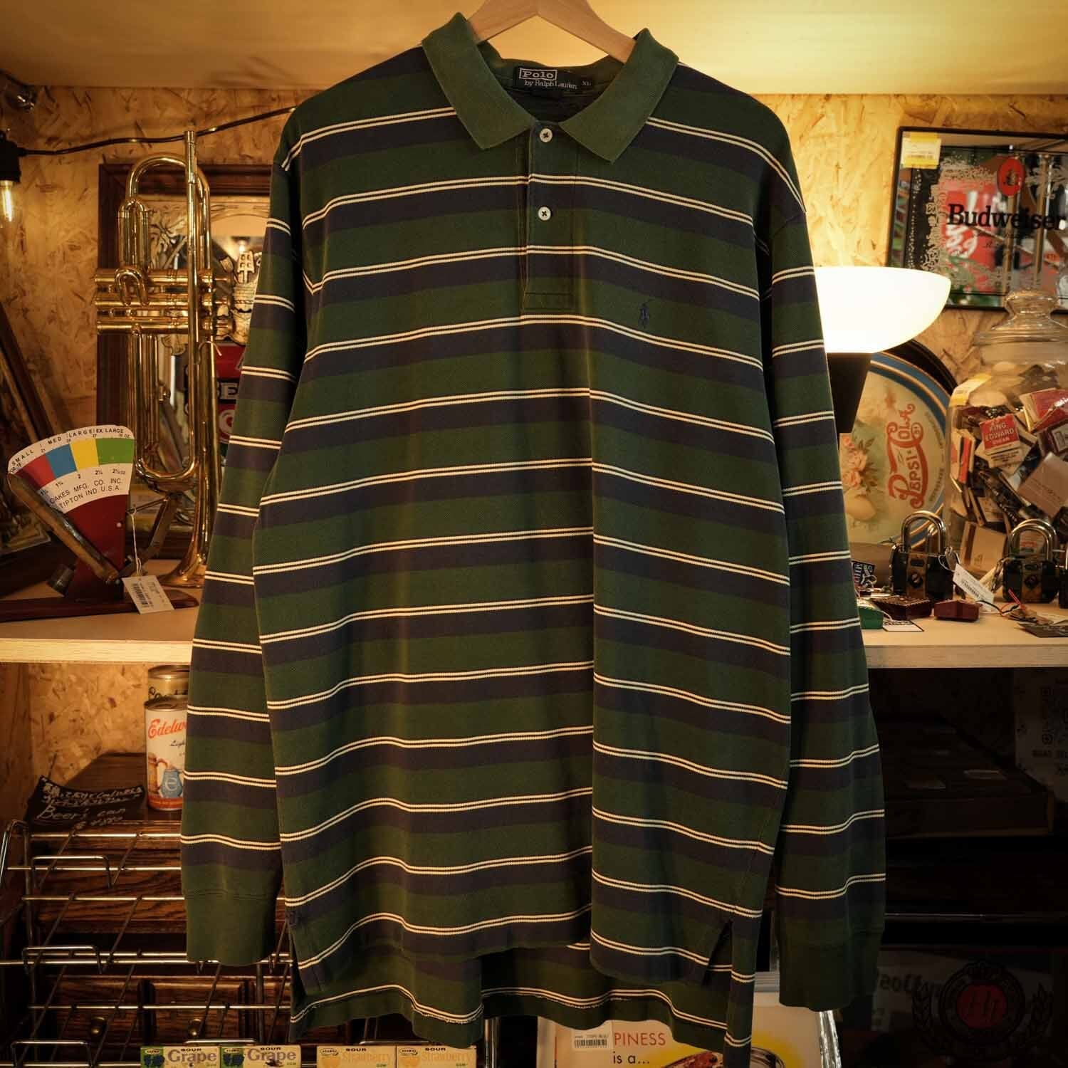 ポロラルフローレン　ラガーシャツ　長袖　ボーダー　緑　イエロー Polo by Ralph Lauren 90s〜00s ボーダー ラガーシャツ XL コットン