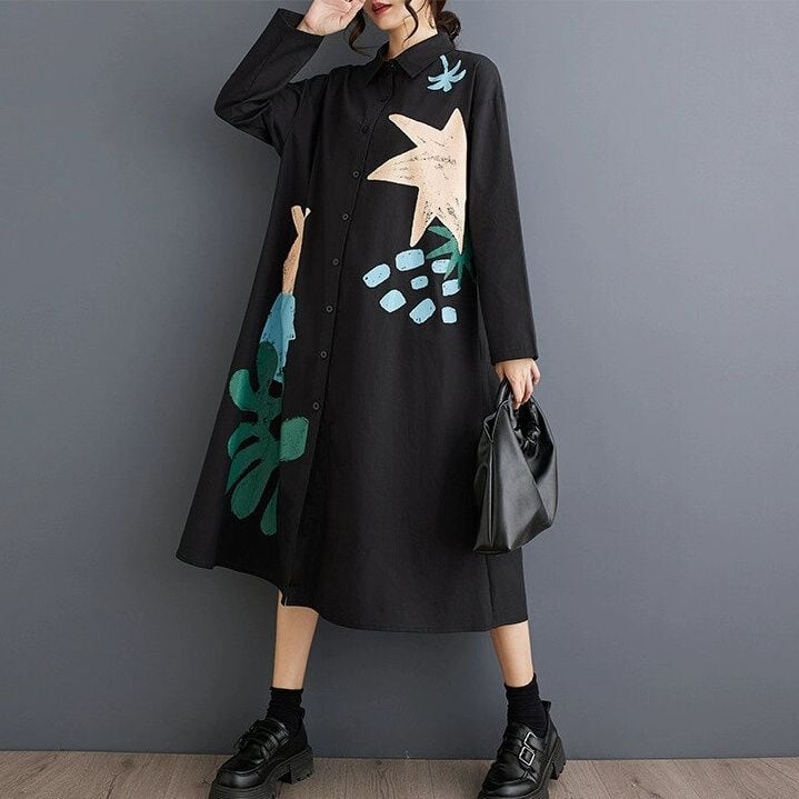 ASYMMETRIC PRINT A-LINE MIDI SHIRT DRESS 2colors M-15483