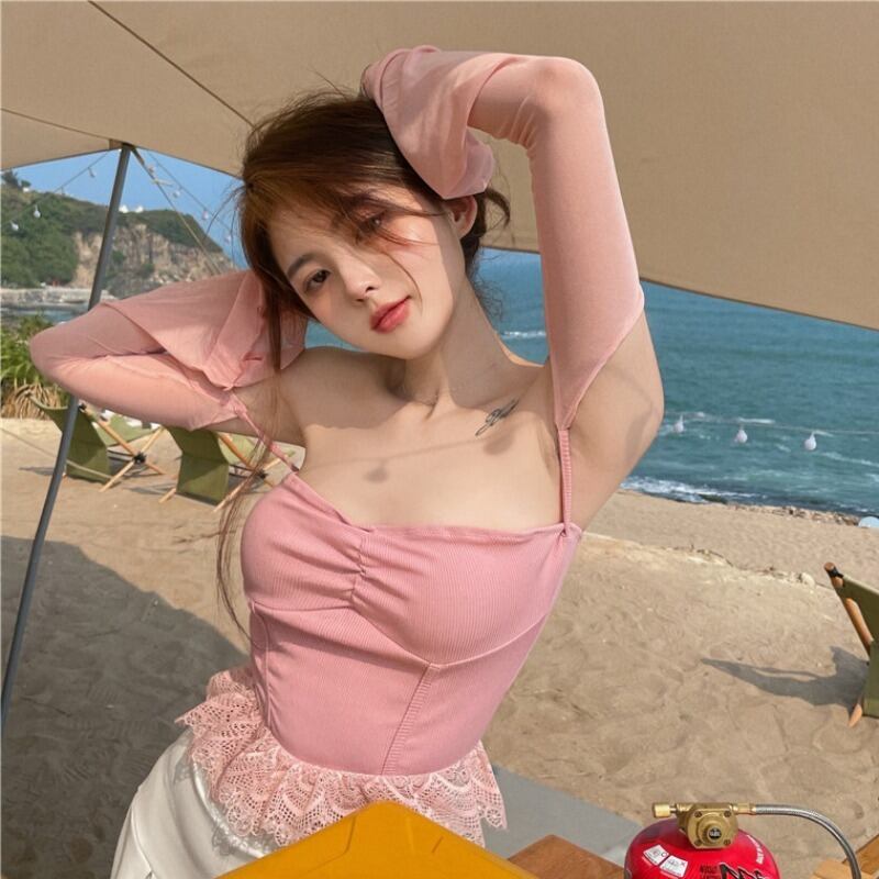 Tシャツ シャツ オータムレースショート ロング ピンク 大人ガーリー スウィート キュート カジュアル 秋物 ハンチェンe38868965722