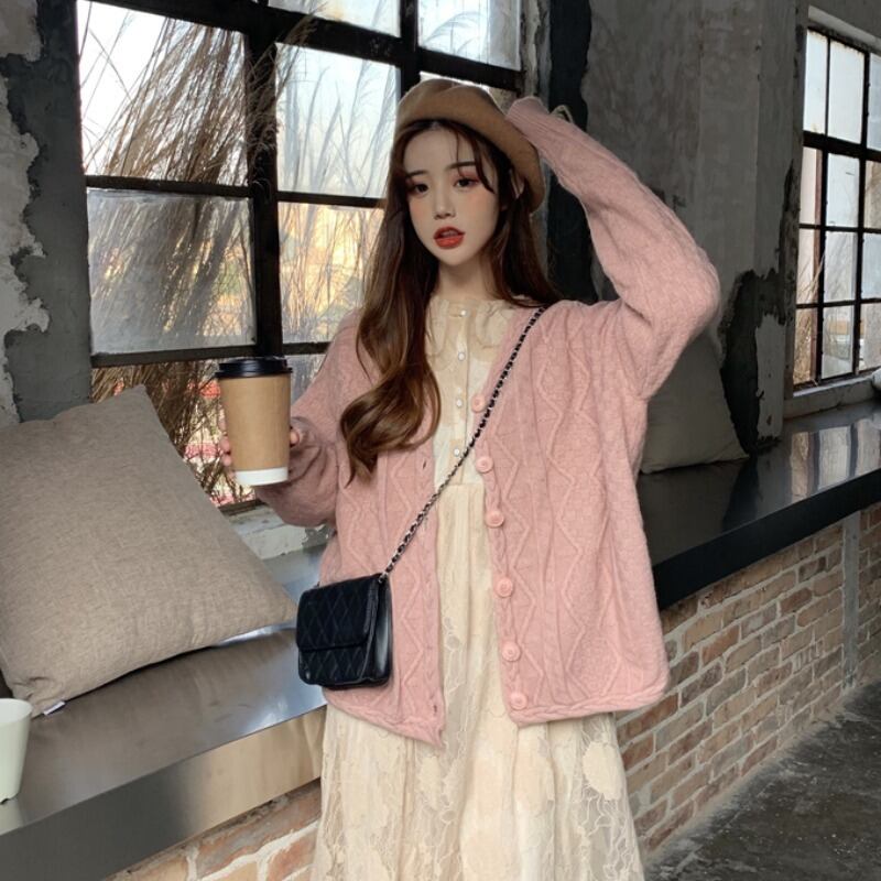 スタンダードルーズセーター レディーススプリングオータム薄手ジャケット ニットカーディガン ピンク レトロ 春物 秋物 萌量不足92043054498