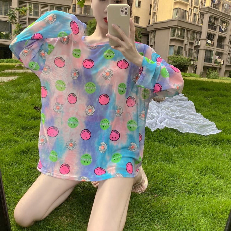 スマイル ニコちゃん 花柄 シアー シースルー Tシャツ ロンT スマイル ニコちゃん 花柄 シアー シースルー Tシャツ ロンT