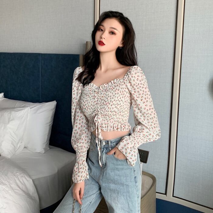 リトルフェアリーレッドワンショルダーショートシックフローラル鎖骨トップレトロレディースシャツデザインニッチカラー 1号婦人76139505298