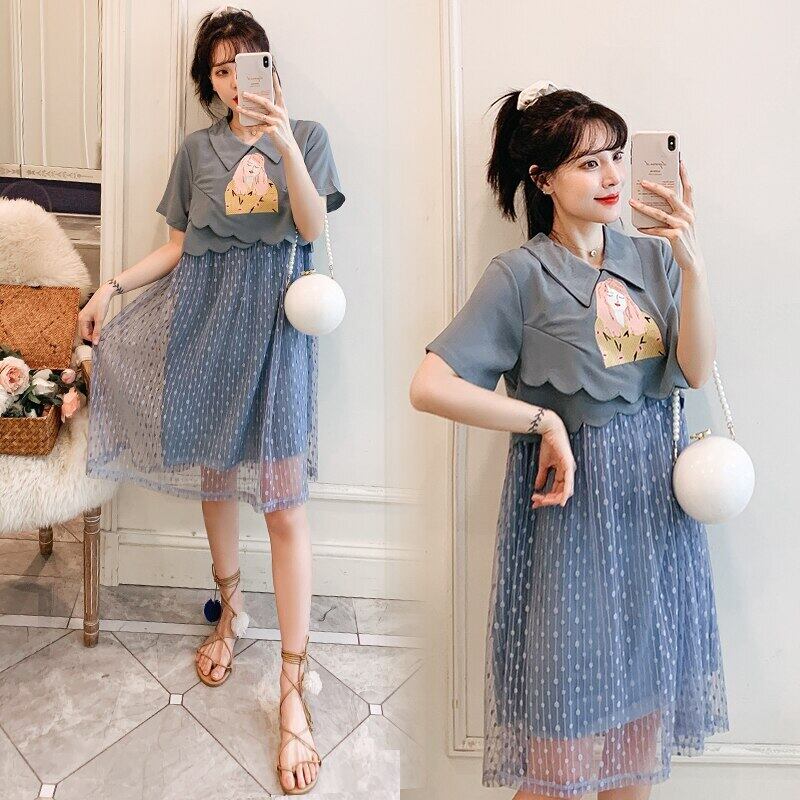 【新作】【送料無料】 マタニティドレスルーズスタイリッシュドレス妊婦ポルカドットガーゼパッチワーク痩身ママドレス AL expec340266298500