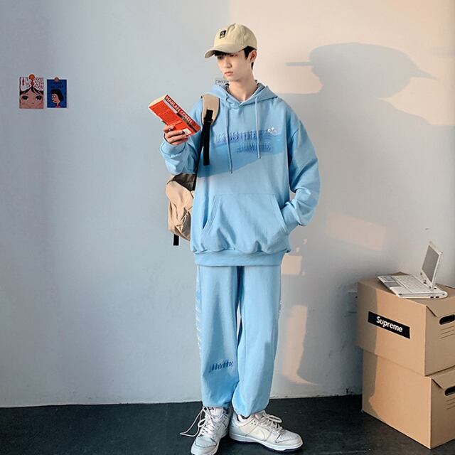 予約販売】メンズ セットアップ スエット パーカー 上下 ブルー