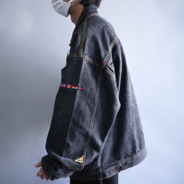 yellow stitch and multi wappen over size box silhouette  zip-up black denim jacket
