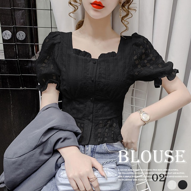 スクエアネック ブラウス パフスリーブ