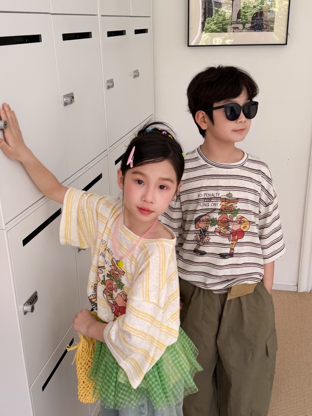 【KID】サンドイッチプリントストライプ半袖Tシャツ - 14