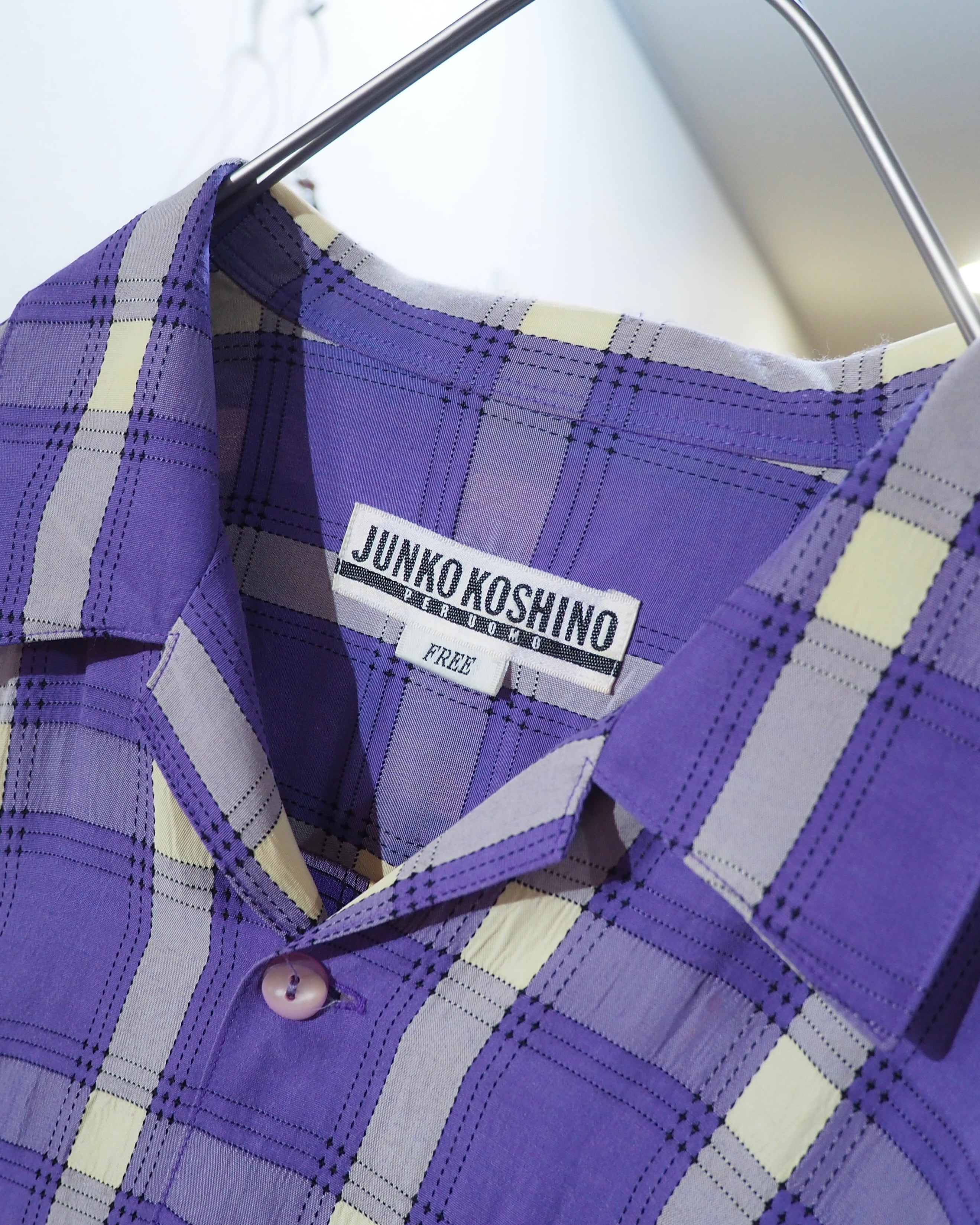 1990s " JUNKO KOSHINO " White Purple Check pattern vintage Open collar SS shirt