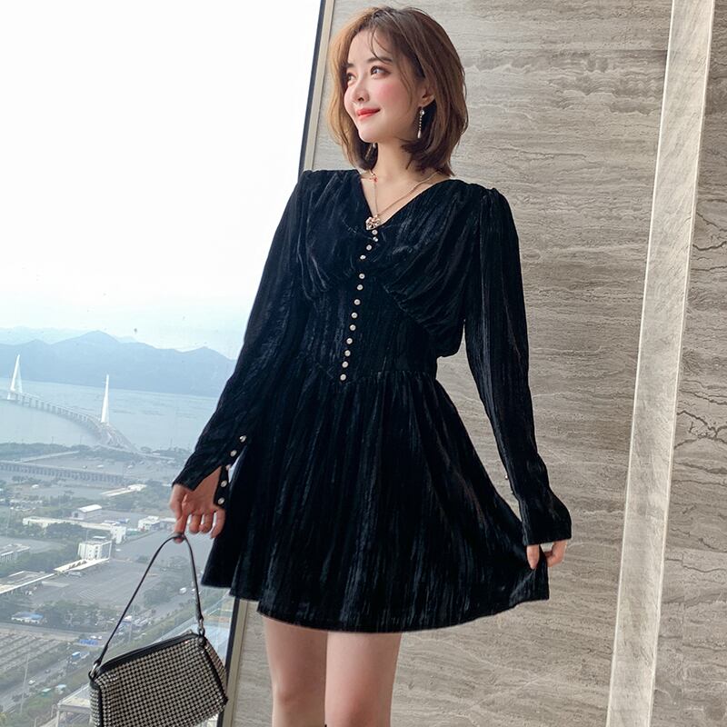 Vネックブラックハイウェストウェストベルベットドレス スプリング 春物 ステッチ MIUCO67974285611
