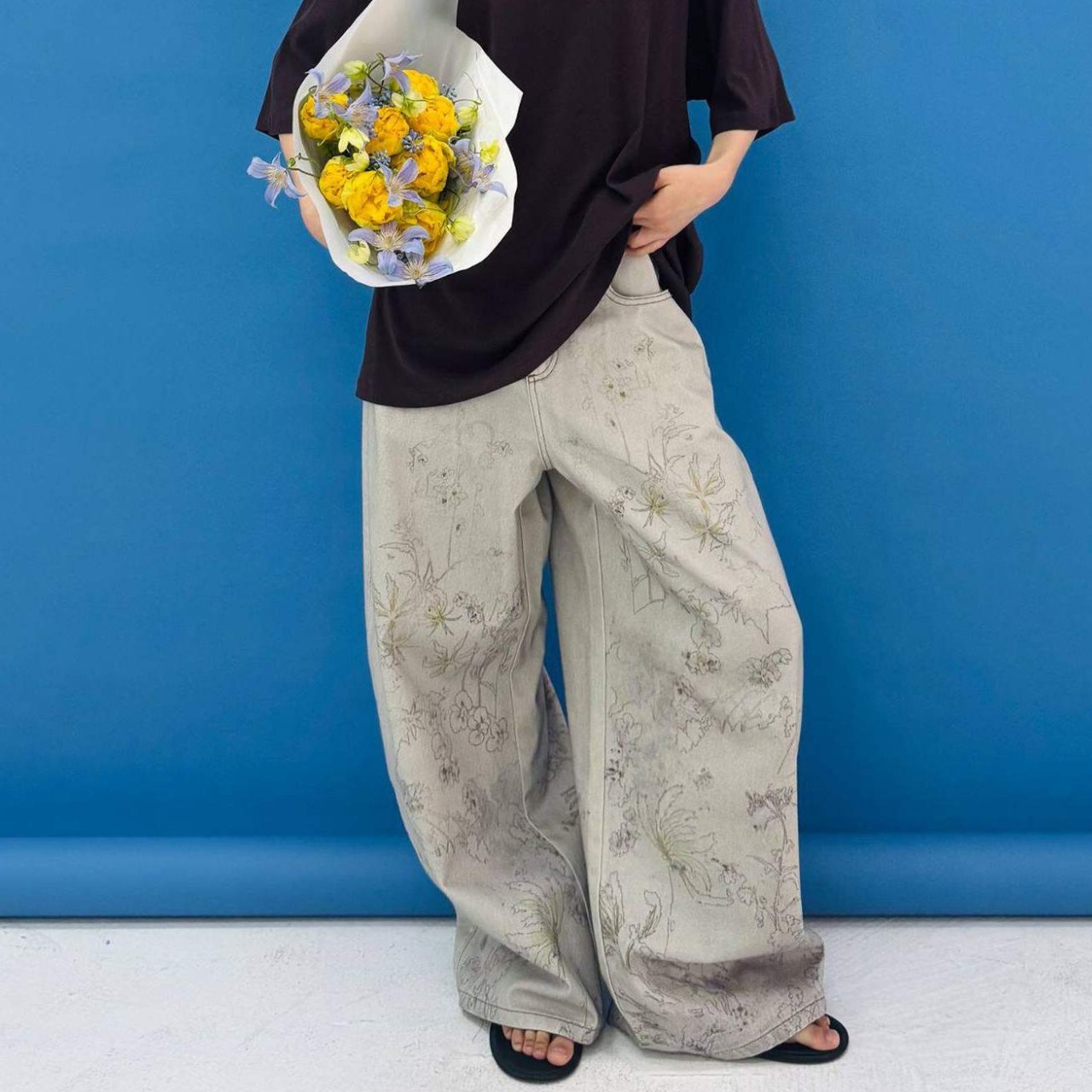 Flower Print Wide  Denim Pants  T4476