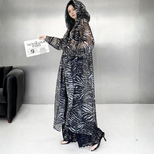 Animal print sheer hooded gown【2color】 C1558