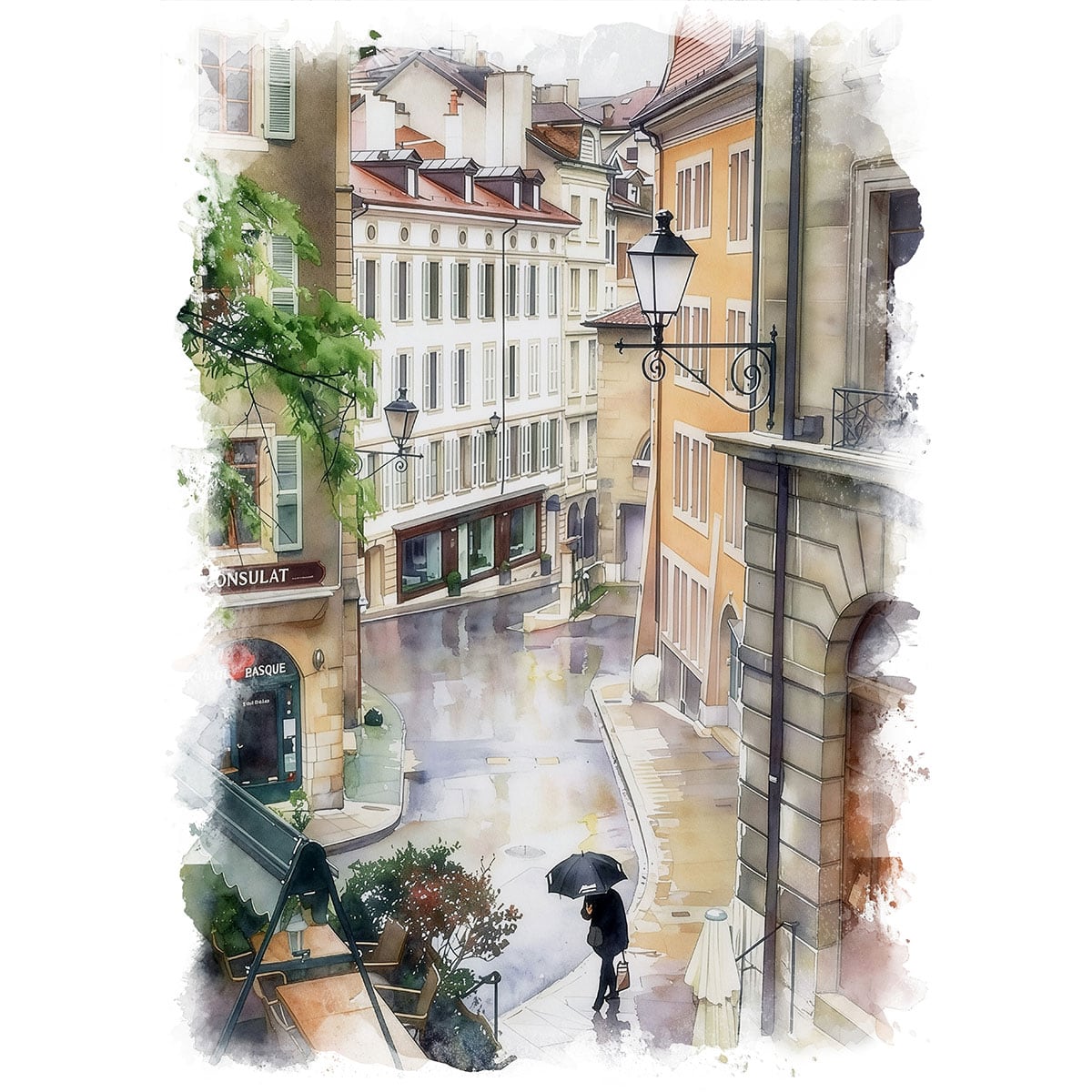 絵画 スイス 風景画(街並み) ジュネーブの旧市街 インテリアアート額