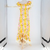 フラダンス 衣装 ワンピース ドレス Royal Creations イエロー系 ハワイ製 アシンメトリー フリル ハイビスカス柄 かわいい 華やか 鮮やか 明るい 元気 ハワイアン アロハ ハワイアンプリント フラ ダンス レッスン 練習 リゾート