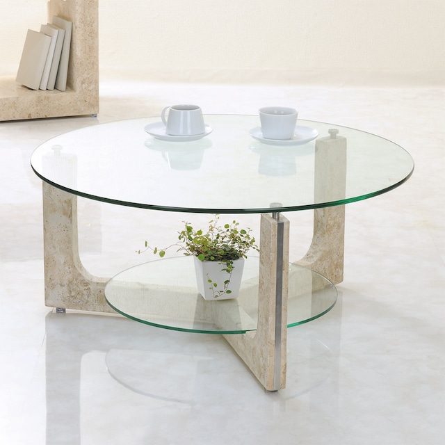 コーヒーテーブル・リビングテーブル｜ガラス天板 ガラス棚板 φ800 天然石｜ MS-1