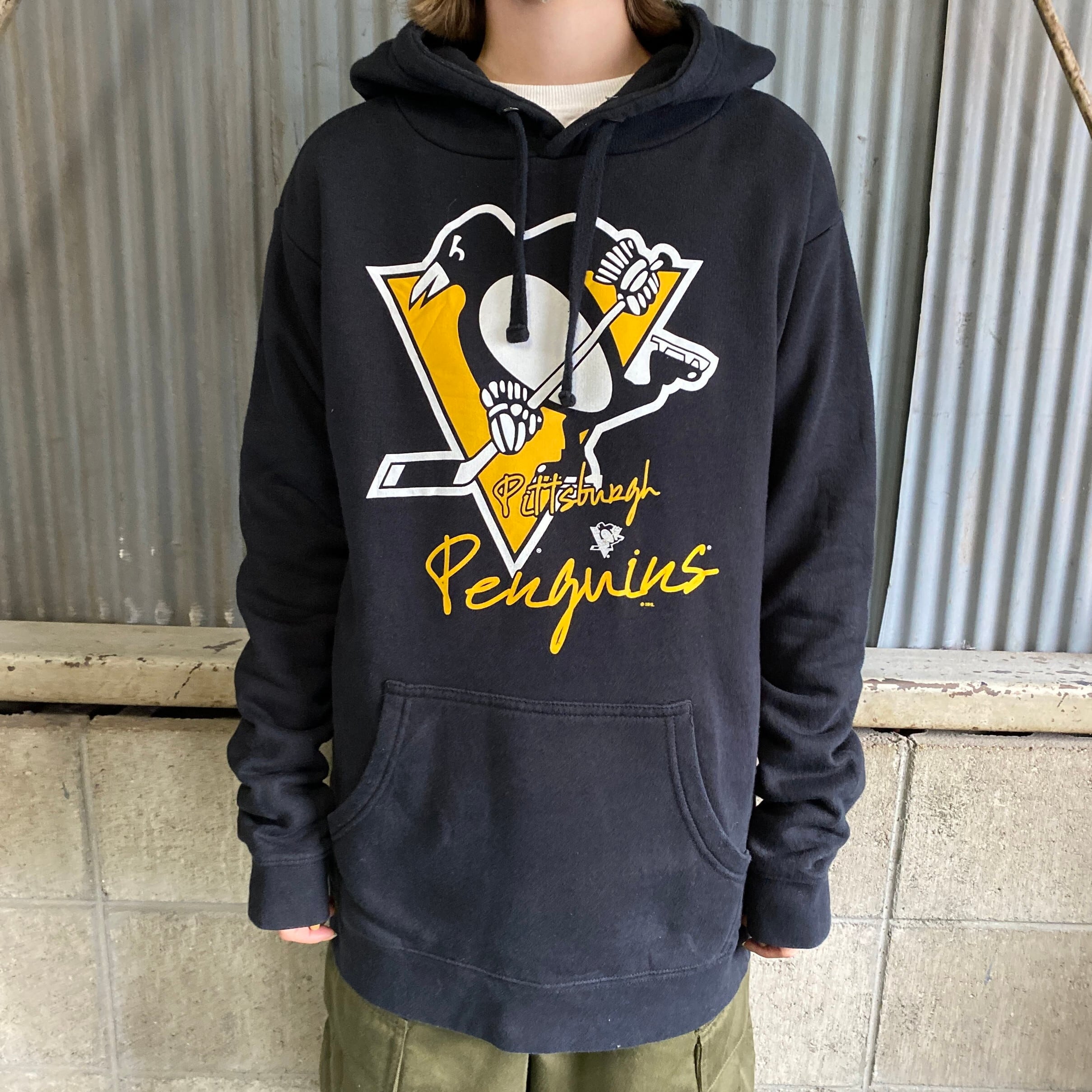 NHLペンギンズ マジェスティック 刺繡ロゴ 黒 2XL プルオーバーパーカー-