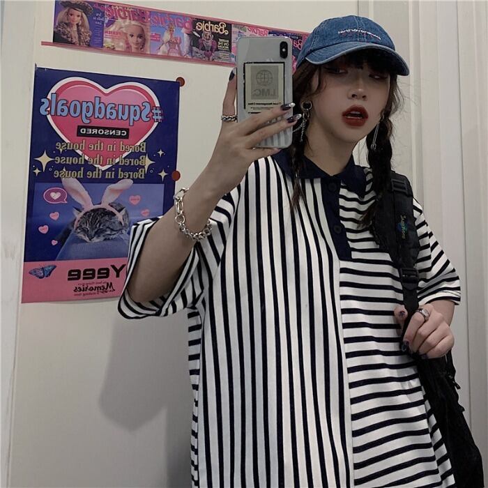 スタイルルーズTシャツ サマーレディースストライプカラーライン かわいい 夏物 ケッペル45542428185