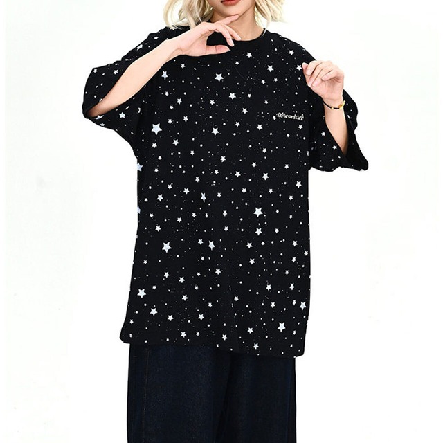 スターランダムグラフィックドロップショルダーTシャツ 2col   R01999