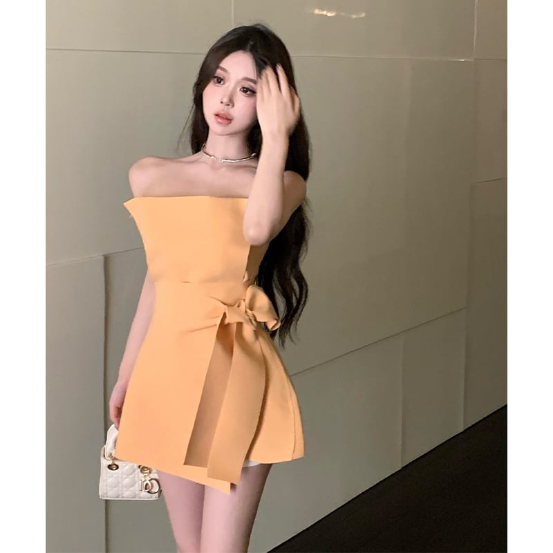 ワンピース セクシー かわいい チューブドレス ミニ丈 不規則 オレンジ  