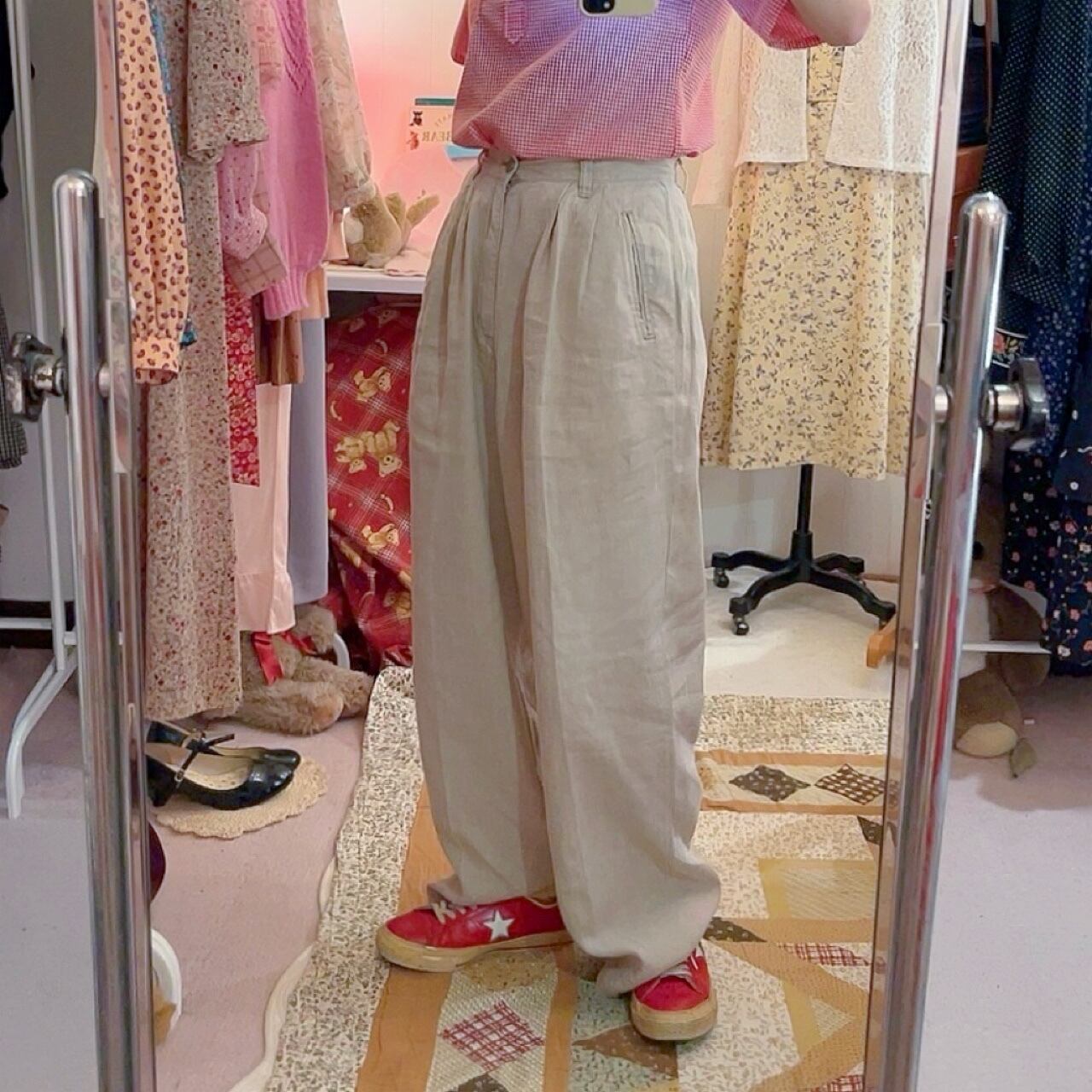 beige linen wide pants