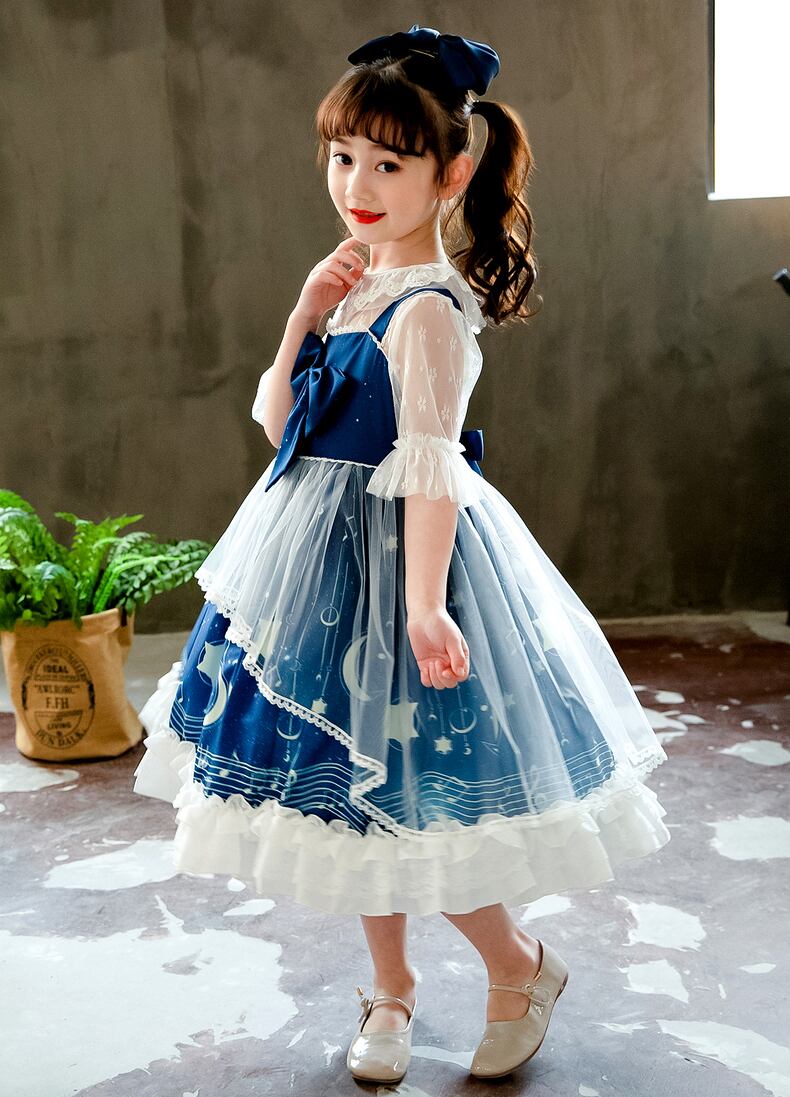 星空 ワンピース ロリータ 子供 女の子 可愛い ジャンパースカート ブルー Girl One Piece Princess Blue Dress Kids Star Moon Antoinette