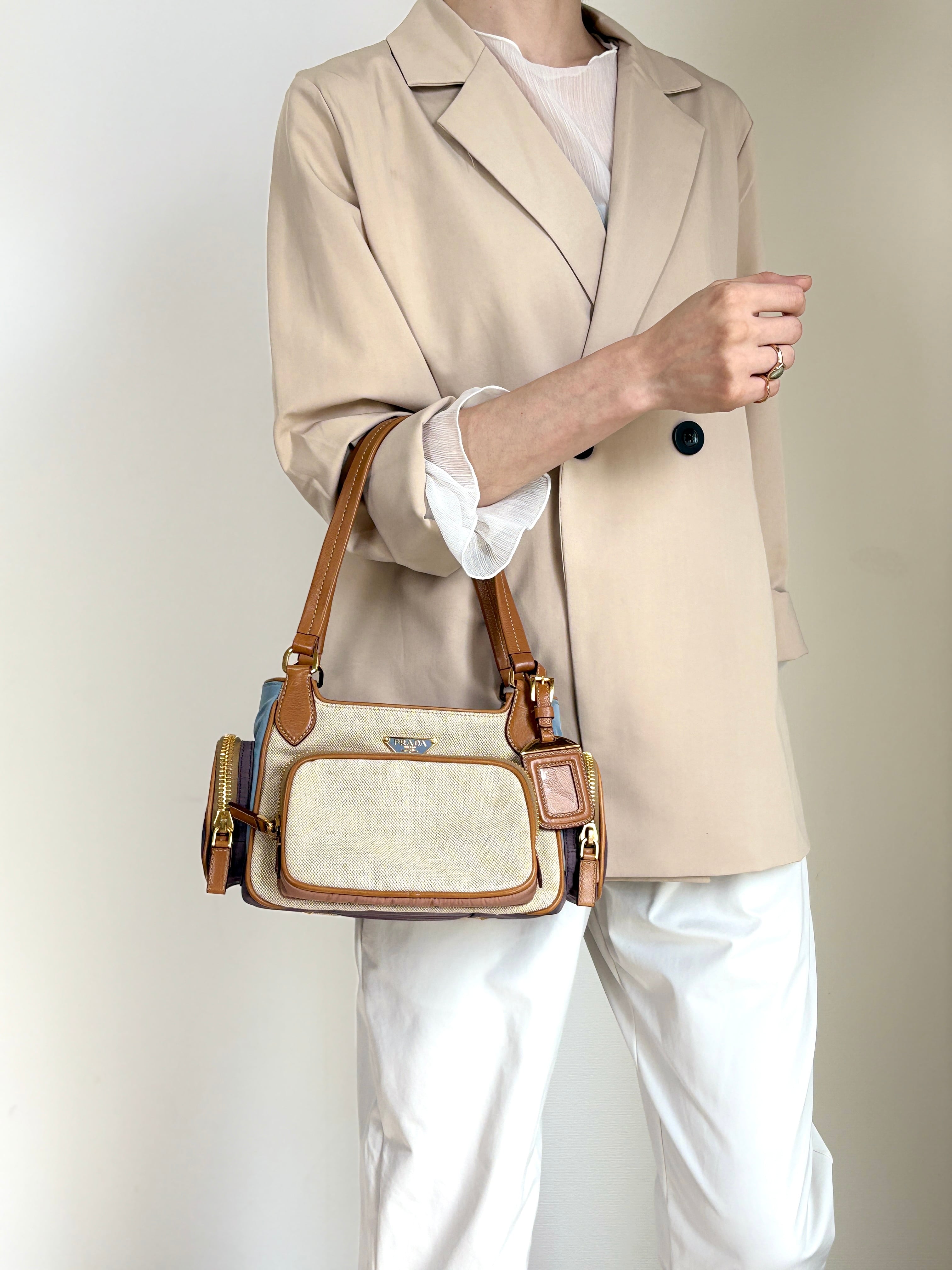 PRADA プラダ トートバッグ ベージュ ブルー トライアングルロゴ キャンバス マルチポケット vintage ヴィンテージ オールド fkki3a