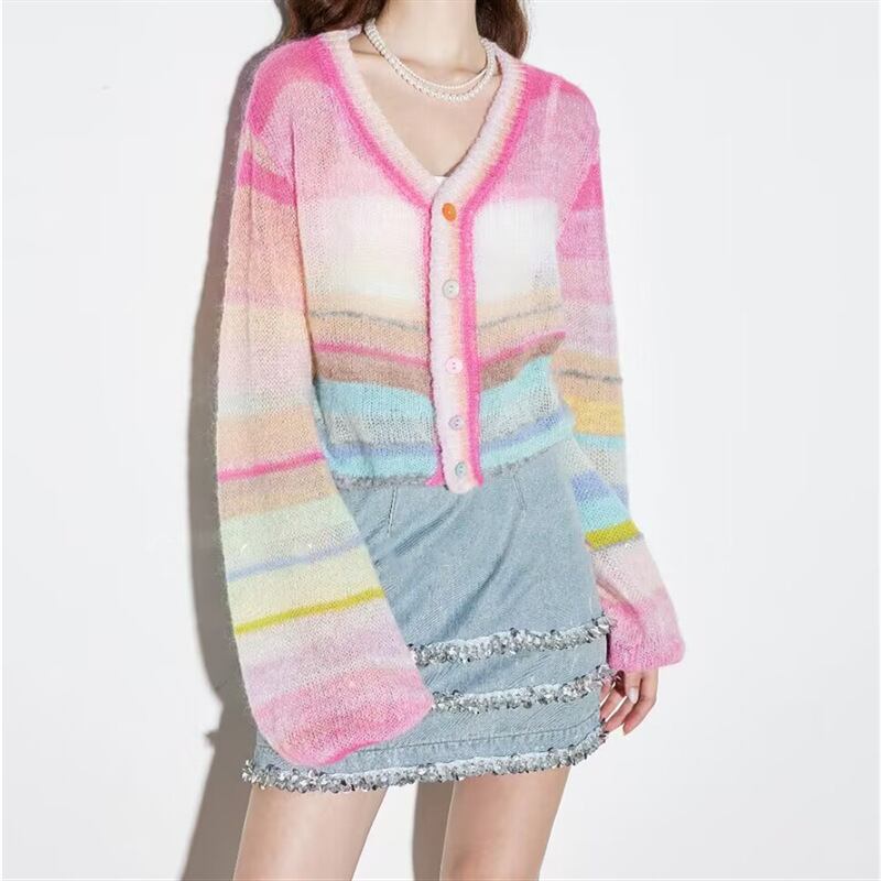 【outer】Vネックカラフルカーディガン Q6589