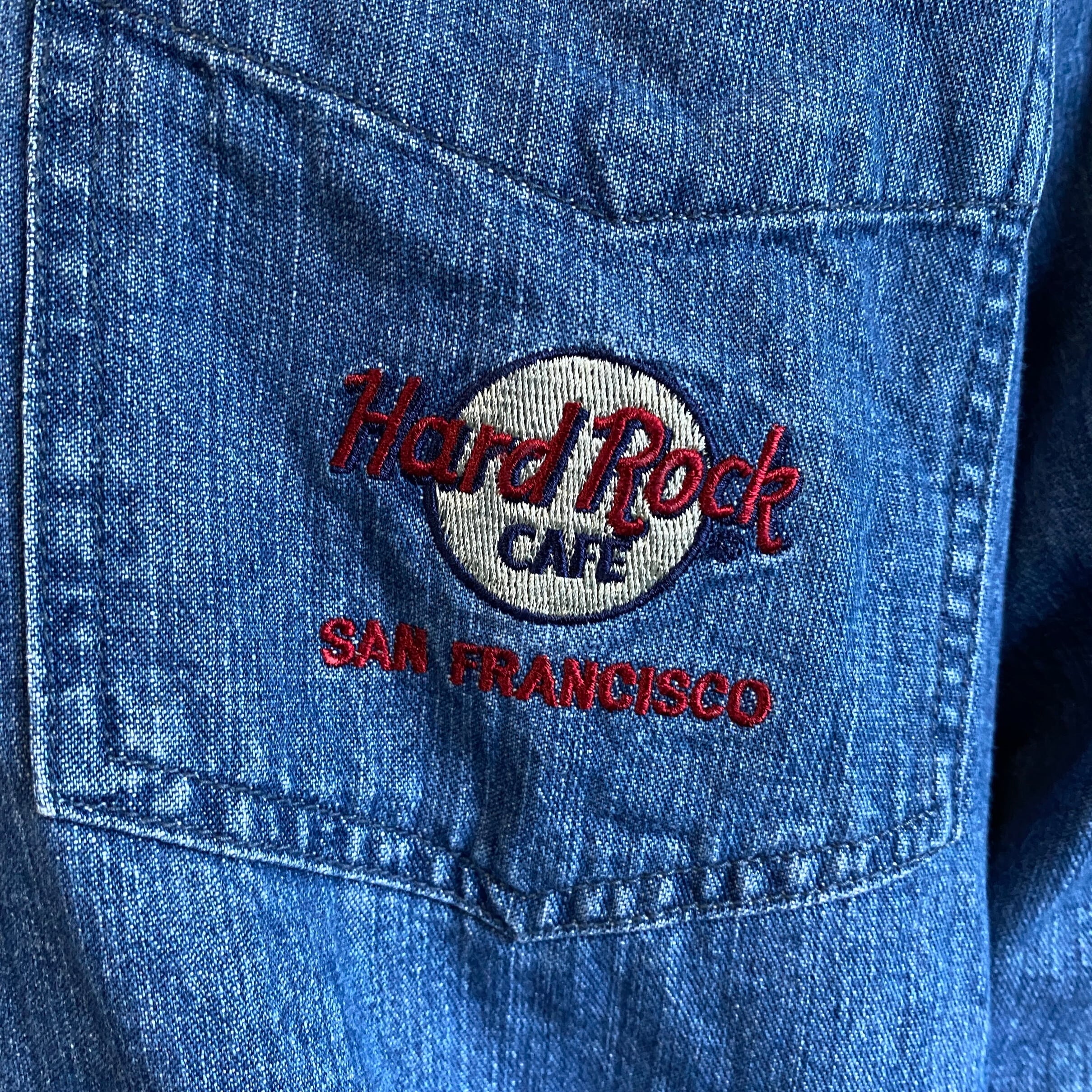 90年代 ハードロックカフェ 企業ロゴ刺繍 デニムシャツ メンズL 古着 ...