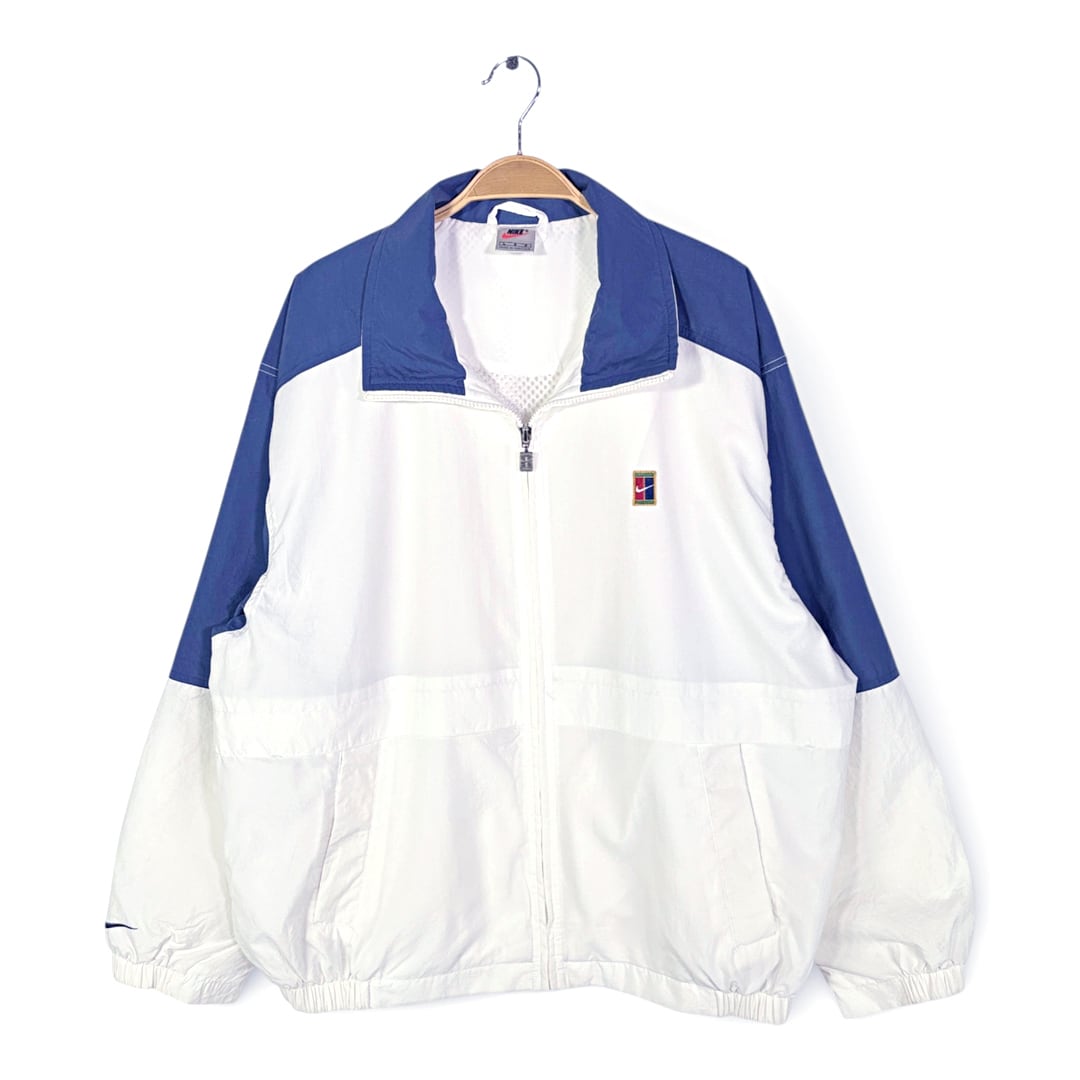90s ナイキ タイ製 テニスコートタグ ヴィンテージ ナイロンジャケット ホワイト ネイビー NIKE サイズL 古着 CK0262