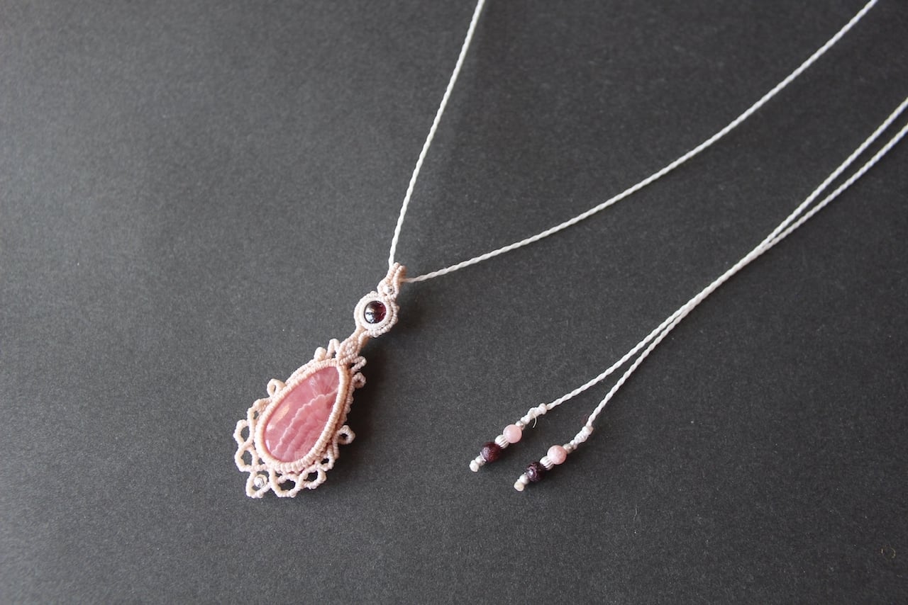 Rhodochrosite  & Rhodolite Garnet micro macrame  pendant