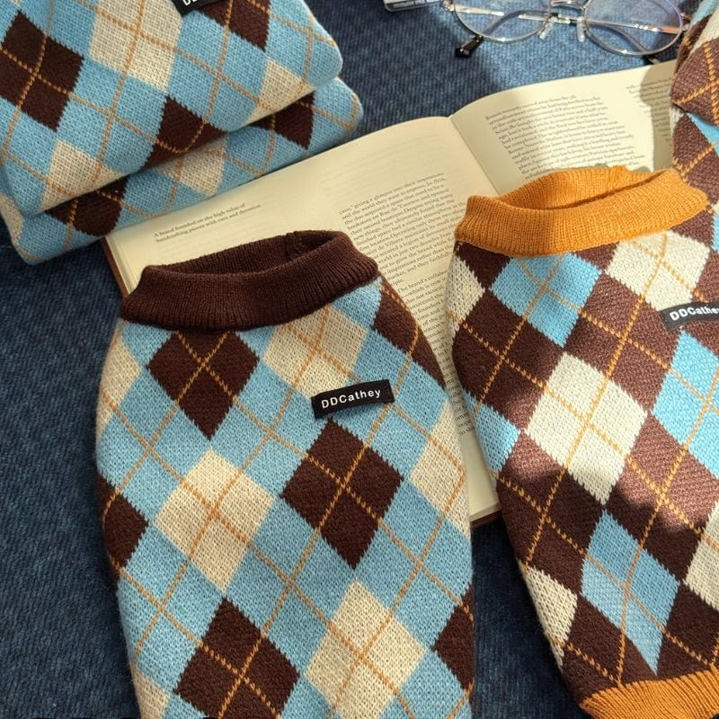 アーガイルチェックのニットトップス 犬服 01011