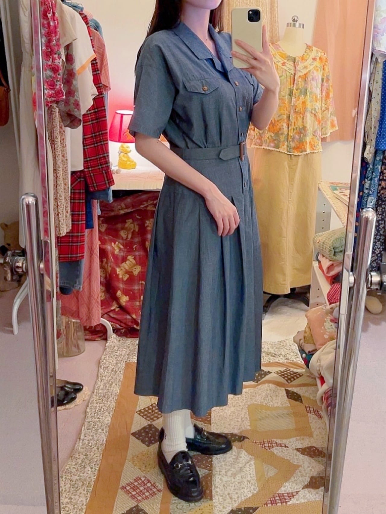 chambray open collar one-piece