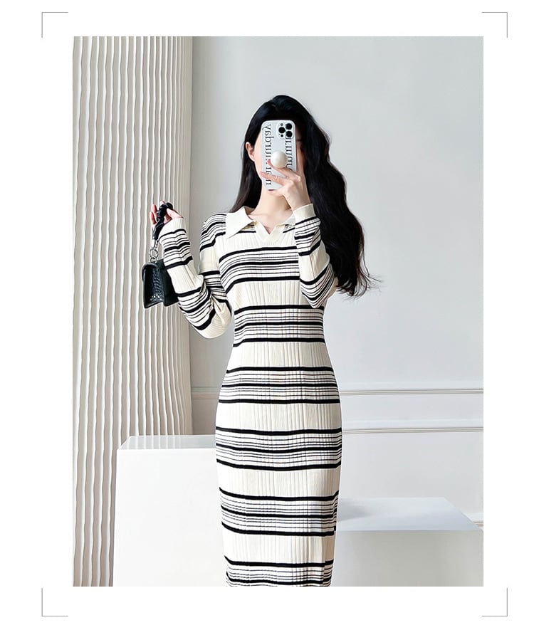 【新作】【送料無料】 2023 秋と冬の新スタイル Xiaoxiangfeng レトロポロ襟ストライプニットドレス怠惰なスタイルロングスカート 7680 0147651938760