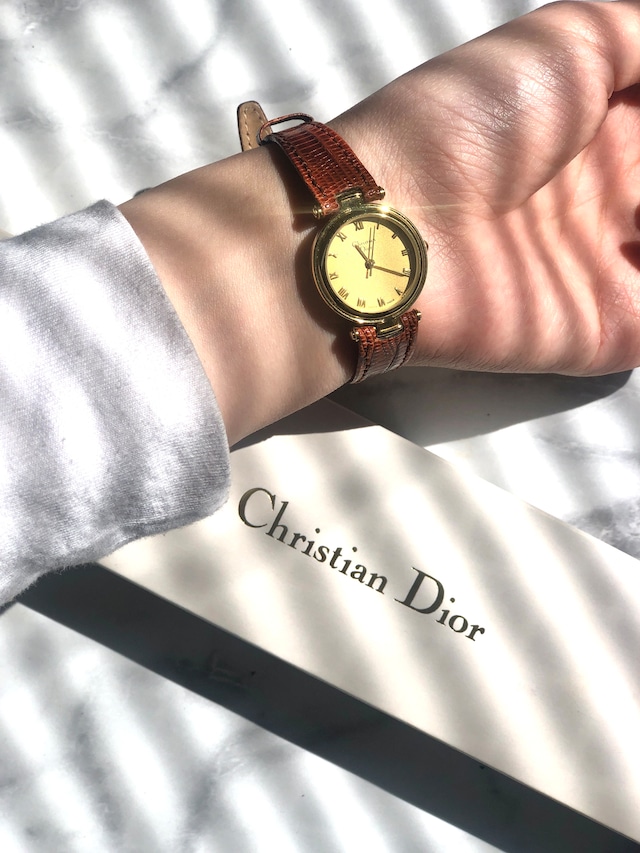 Christian Dior クリスチャン ディオール レザー クロコ型 腕時計 ゴールド×ブラウン vintage ヴィンテージ オールド zv5ffg