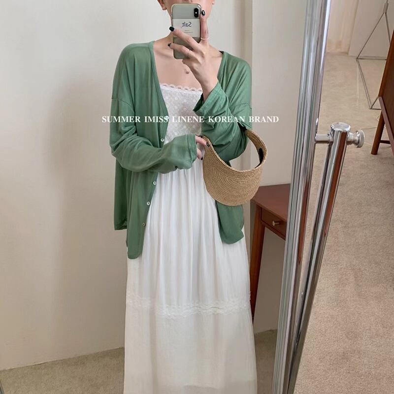 カラー薄手ルーズカーディガンサマーVネック長袖スリーブトップス ロング 夏物 ピュア ビッグFスモールZ韓国54340167728