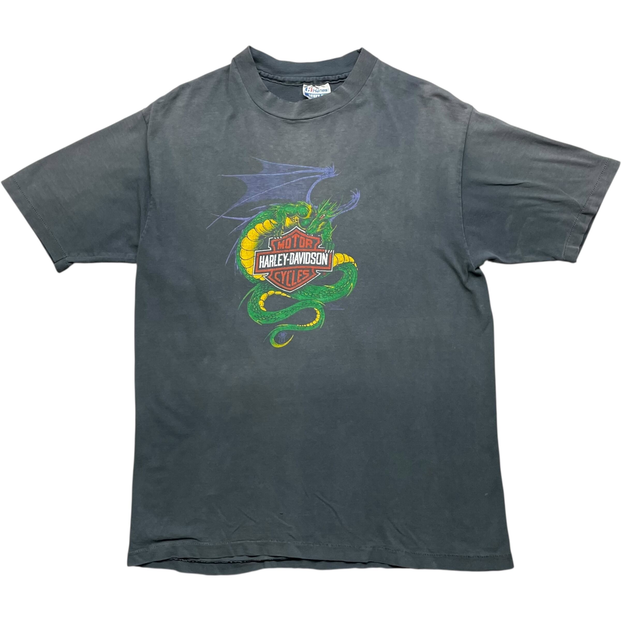 《L》 Hanes ヘインズ Harley-Davidson ハーレーダビッドソン Tシャツ ドラゴン プリント 鬼フェード シングルステッチ ブラック USA製 80年代 vintage no.8427