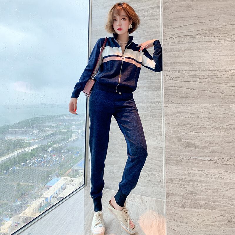 ニットジャケット ストライプギャザーパンツ シルク MIUCO76689634804