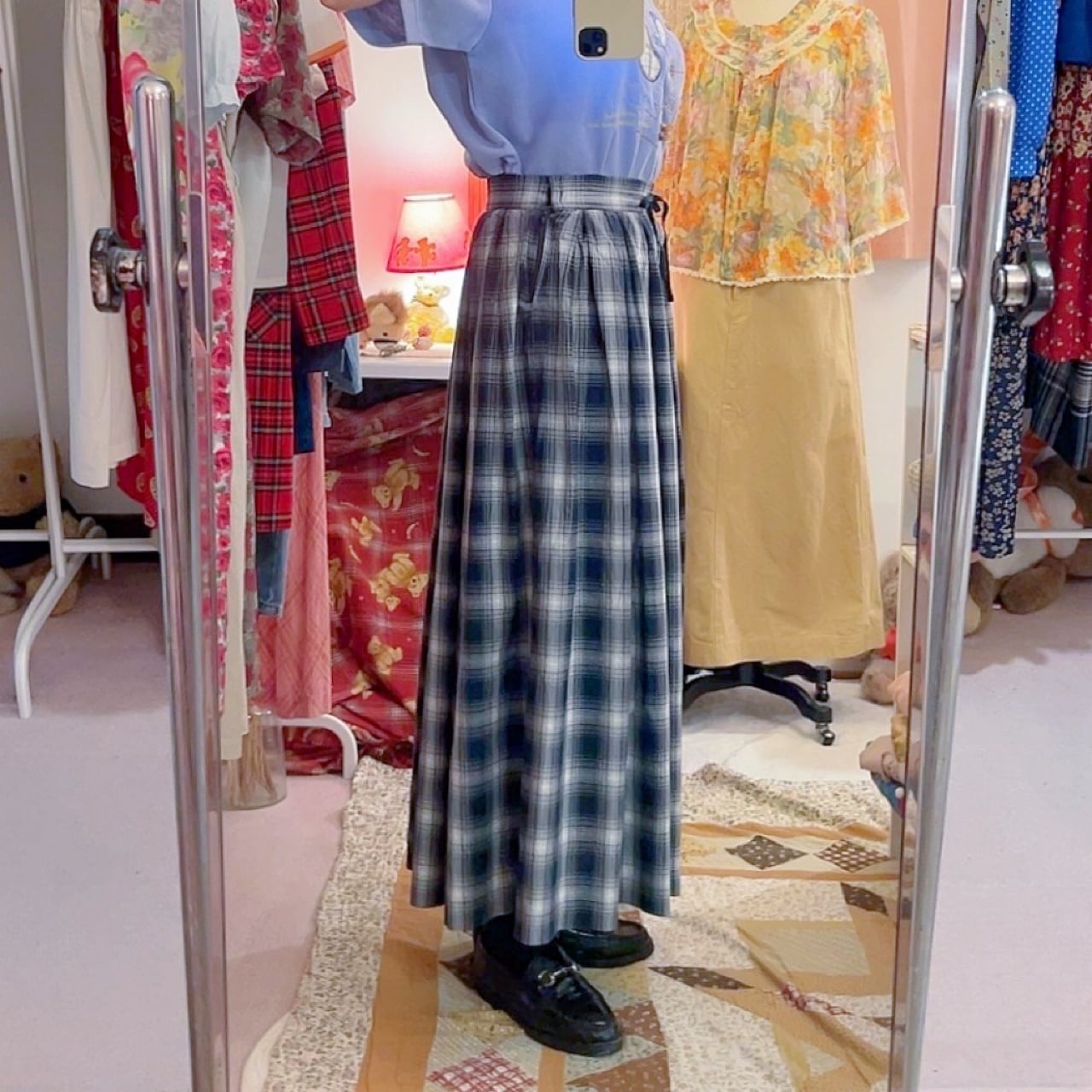 black check gather skirt
