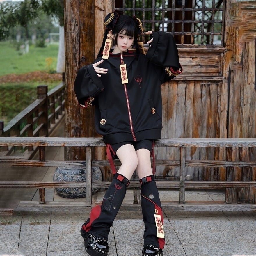 サイバーパンク 中華風 3点 セットアップ 電脳少女 近未来 符札 ライブ