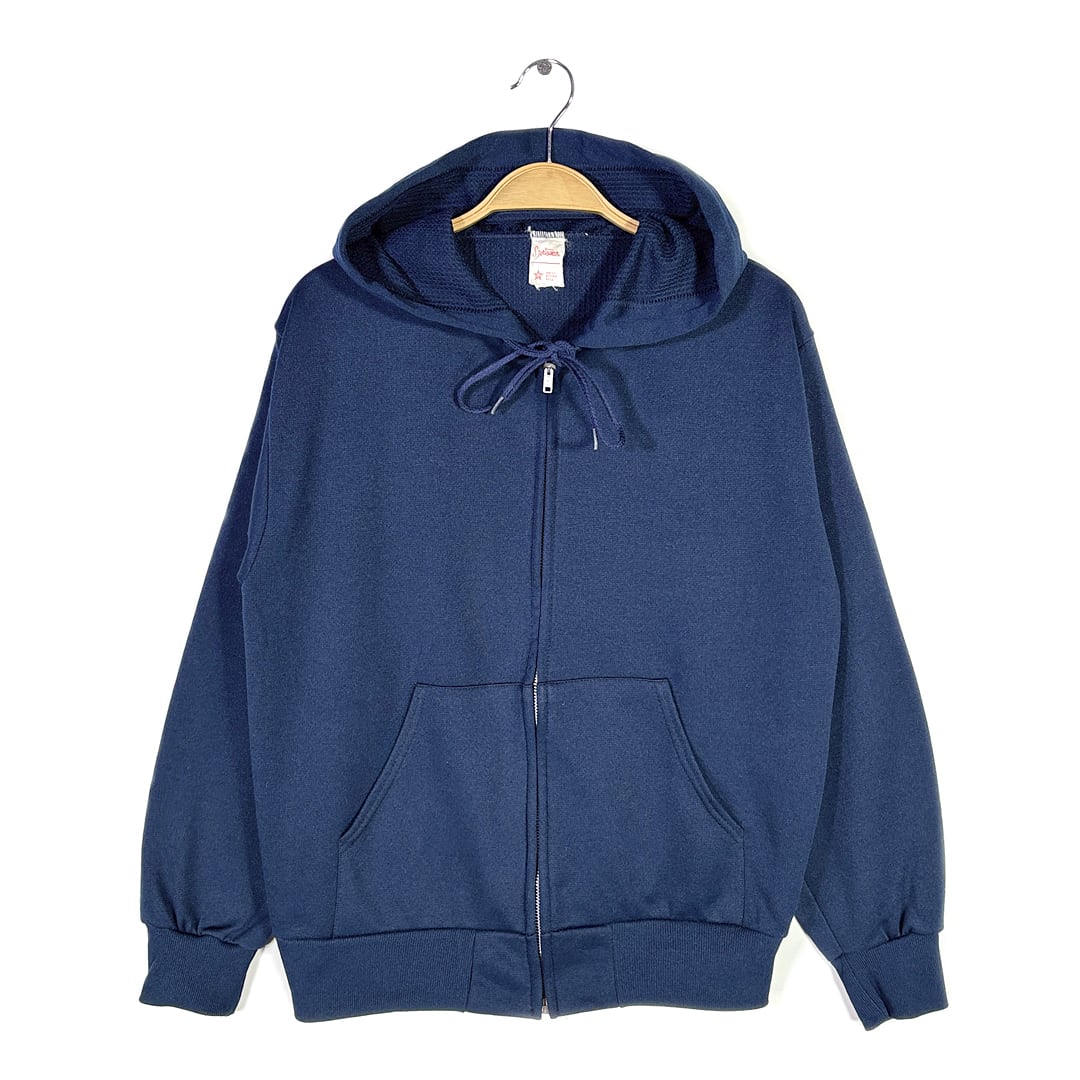 80s SPORTSWEAR USA製 ヴィンテージスウェットパーカー 裏地サーマル ジップアップパーカー ネイビー メンズM 古着 CG0466