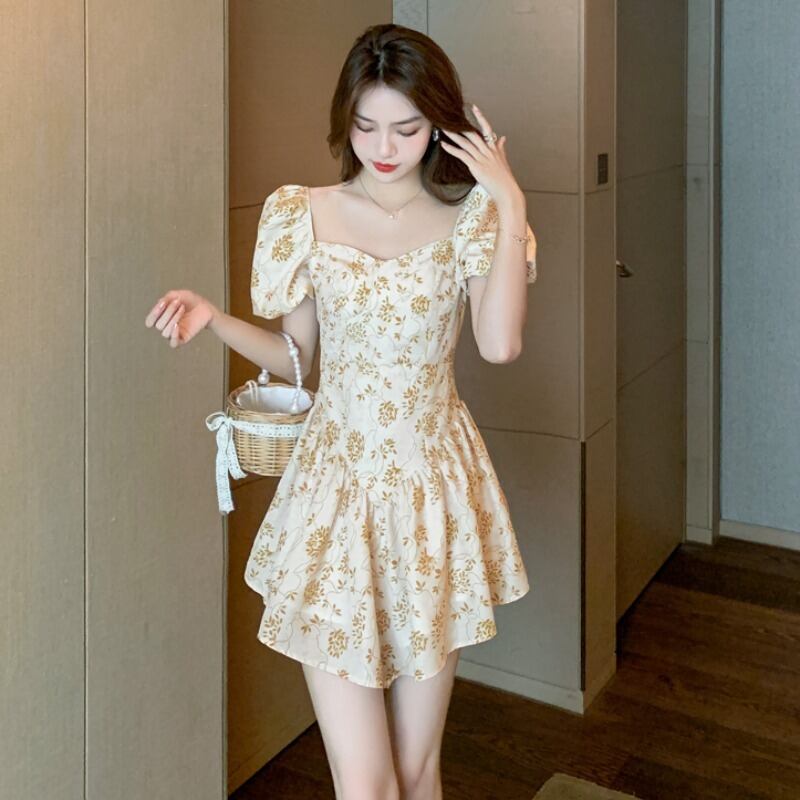 スタイルショートスカート ハイウェストウェスト薄手フローラルドレス レディース ランタンスリーブ レース 大人ガーリー スウィート キュート カジュアル 花柄 ハンチェンe17337852731